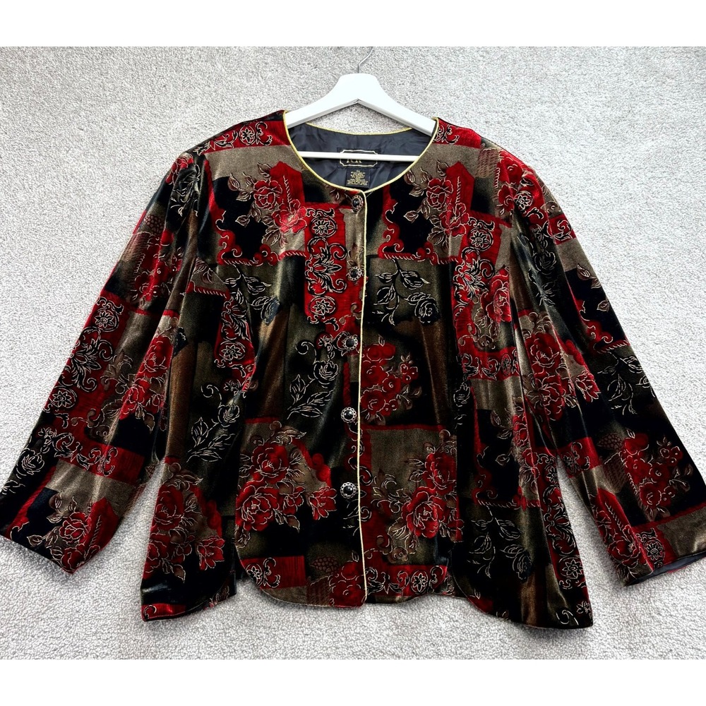 Vintage R&K Evening Jacket Women 4X Multicolor Floral Lined Velour Metallic Trim
